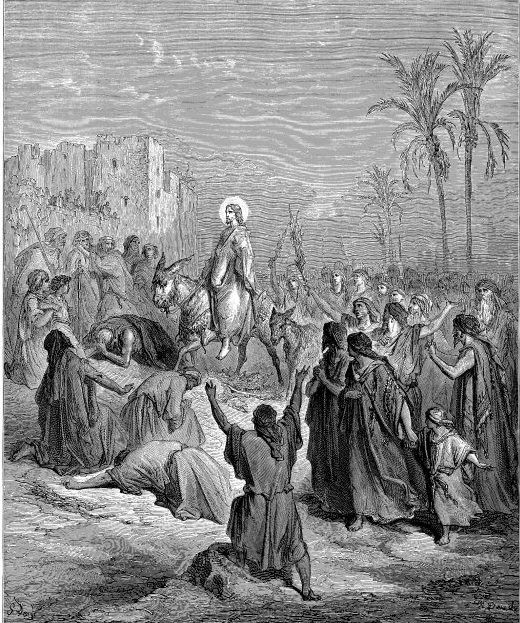 Entry of Jesus into Jerusalem spreading palms as he entered